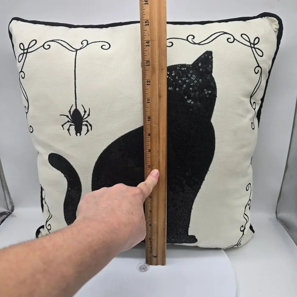 Black Cat & Spider Sequin Throw Pillow Halloween Décor Embroidered 15
